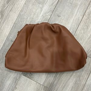 Brown faux leather clutch with rouched and magnetic clamp style top